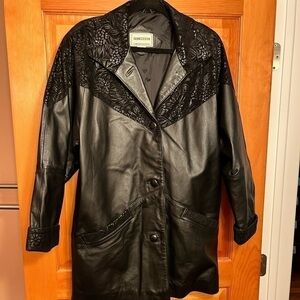 Black Leather Coat Floral Detail Whimsigoth grunge dark romantic 90s y2k L/XL